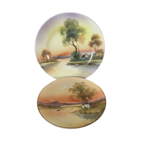 Set of 2 Handpainted Nippon River Landscape w/ Swan & House Plates 7.5” & 6.25” - Picture 1 of 12